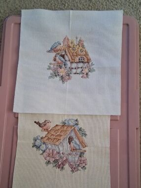 Hand-Embroidered Birdhouse Cross Stitch Panel in Pastel Pink and Cream